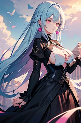 Anime, woman, long hair, pale blue hair, pink eyes, cool, earrings, big boob, wearing a black dress, beautiful, elegant, pure, fantasy,