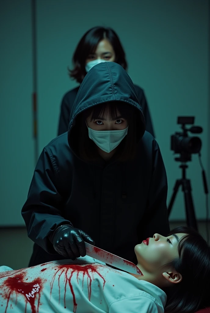 korean girl, (behind stiff, holding knife), surgical mask, black leather gloves, room, black raincoat, hood up, holding knife, leather gloves, woman on top, behind cadaver, looking at viewer, blood splatter, bed room, night, mass murderer, killer, short hair, blood splatter, dark atmosphere, cinematic lighting, atmospheric realistic, neon lighting, tripod and camera in the back, shooting with camera