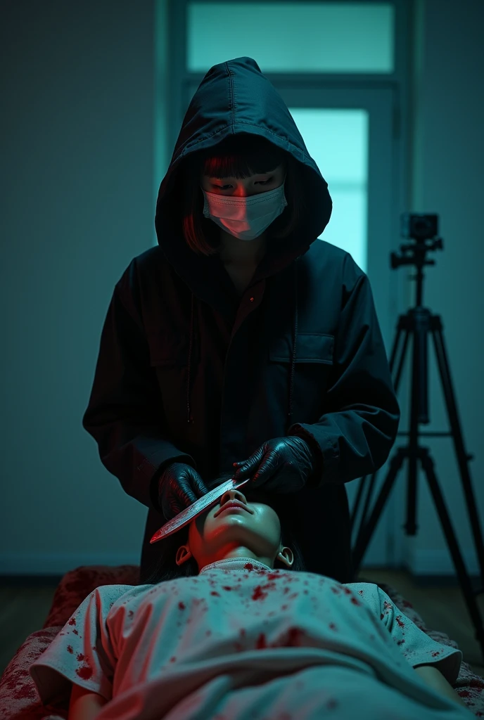 korean girl, (behind stiff, holding knife), surgical mask, black leather gloves, room, black raincoat, hood up, holding knife, leather gloves, woman on top, behind cadaver, looking at viewer, blood splatter, bed room, night, mass murderer, killer, short hair, blood splatter, dark atmosphere, cinematic lighting, atmospheric realistic, neon lighting, tripod and camera in the back, shooting with camera