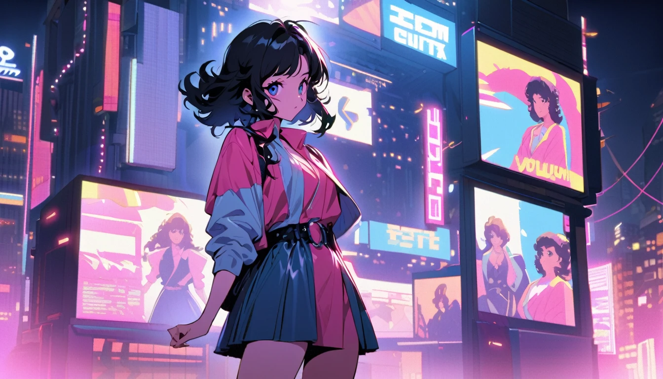 Japanese female singer from the 80s, 1980's Japanese fashion disco style, city-pop cute style, voluminous bob hair style, black hair, bang hair, round white face, pure image, frontal shot, --at 6.0
background is Neon Tokyo,
Further Processing