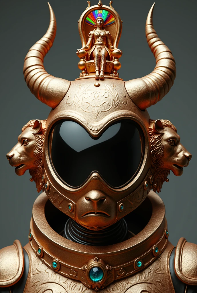 Bronze metal space helmet, The crystal is from Swarovski. On the right of the helmet there is a lion&#39;s face and on the left of the helmet there is an ox&#39;s face. Everything is made of shiny bronze., On top of the helmet&#39;s head is a small throne with a seated human figure wearing a rainbow-colored headband. 