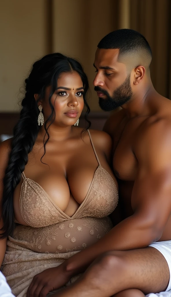 Newly wed indian couple, hot curvy south indian thick milf with single plaited hairstyle, big breast, big hip, big ass, thick thighs, woman wearing nighty, cleavage, indian couple, very short indian brown man with buzz cut, very big muscular body and beard, man wearing shorts, woman with man, couple in a big bedroom, high resolution, looking at camera, tall woman and short man, close-up potrait, Closed Mouth, man pulling woman hair, serious face, couple sitting in bed, front view