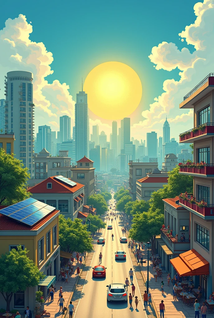 An image of Brazil, image of the sun and a city apartment with solar panels on its roof, the plates must be clearly visible in the image, This image will be used to promote solar energy and show cars, people walking in street, storefronts, restaurants, all with solar panels, a city where everyone uses solar panels in their homes