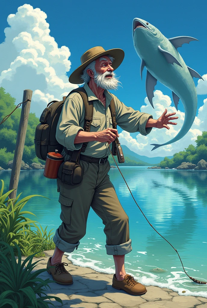 (アニメ)Seeing them, the fisherman got scared and fell down