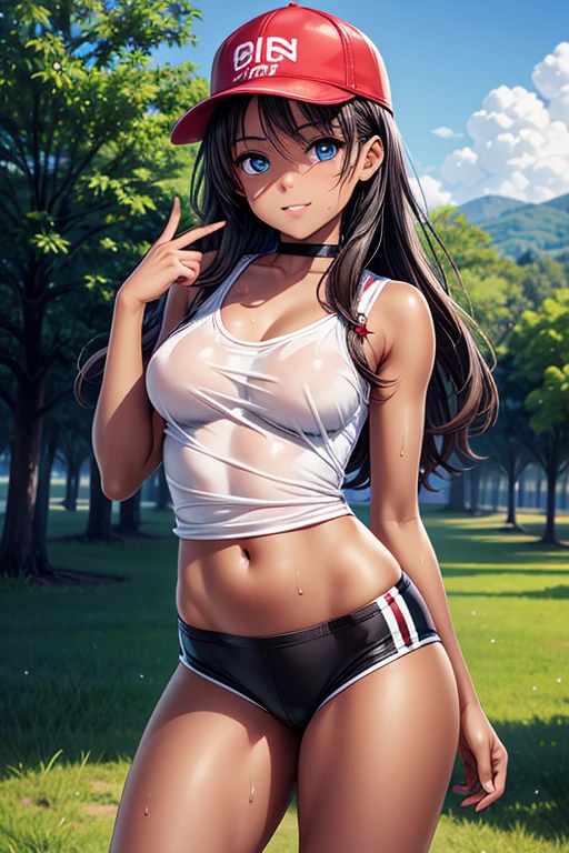 #Basic
A girl posing for a photo, (((One Girl))), (((Baby Face:1.4)) + ((cute:1.4)) + (())),
break
#Clothing Accessories
((White tank top shirt)) + ((Blue jogger pants)) + ((Blue trucker hat)) + ((Red sneakers)),
((Black choker)),
break
#Features
((Black Hair:1.2)) + ((Center-parted bangs + Bangs that expose the forehead)) + ((very long transverse hair)) + ((short hair : Long Hair + Curly hair + Wild Hair + Voluminous Hair)),
((Droopy eyes:1.4, Big eyes:1.2), blue eyes), (Small breasts:1.2), (中立的な顔のFeatures), (Tanned dark skin:1.4),
break
#background environment
((noon, Riverside surrounded by nature, blue sky, camp)),
#Facial Expression Pose
((Wicked Smile)), ((Extending left hand towards camera and giving thumbs up、Place your right hand on your hat、Standing strong and proud, Wet with sweat:0.7)),
#composition
((Angle from the front:1.2, Cowboy Shot)),
break
#Body parts elements
(Slim figure),
(Symmetrical facial features),
(Detailed Hair, Beautiful Hair, Shiny Hair),
(double eyelid, Long eyelashes, Thin eyebrows:0.5, Thin eyebrows:0.5),
(Expression of fine eyes, Beautiful and delicate eyes, Sparkling eyes, Eye Reflexes, Glitter Eyeliner),
(Human Ear),
(Beautiful Nose, Thin Nose),
(Glossy Lips, Beautiful Lips, Thick lips),
(Textured skin, Detailed skin, Textured skin, Beautiful Skin, Oily skin),
break
#quality
(((最高quality)), ((masterpiece:1.3)), ((Very detailed))), ((Ultra-high resolution)), ((16K)), ((1080P)), ((Full HD)),
((Anatomically correct)), ((Realistic)), (3DCG), ((Oil painting)),
((comics, anime)), (CG illustration), (RAW Photos),