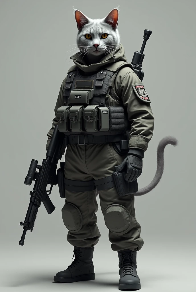 A gray cat with a human body wearing a complete special forces uniform with the Indonesian logo,nametag "deep" ,wearing a special forces helmet,holding an automatic rifle