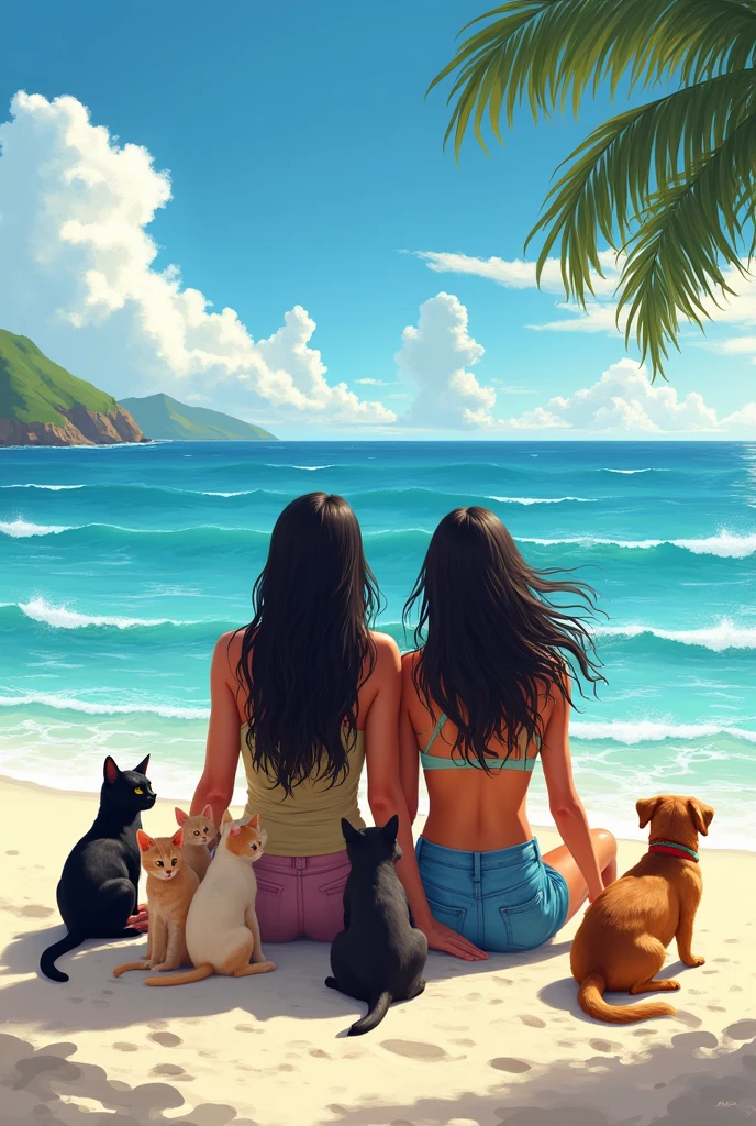 a drawing of two Brazilian women with black hair sitting looking at the sea with seven cats and a golden retriever dog sitting next to them