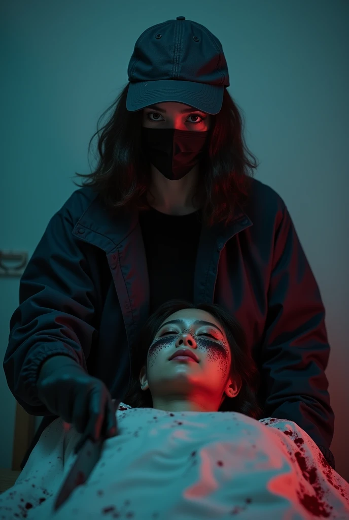 korean girl, (behind stiff, holding knife), black surgical mask, black gloves, crazy eyes, bed room, black raincoat, holding knife, trucker hat, , black gloves, woman on top, looking at viewer, behind cadaver, blood splatter, bed room, night, mass murderer, killer, wavy hair, blood splatter, dark atmosphere, cinematic lighting, neon light, close-up, tripod and camera in the back, shooting with camera
