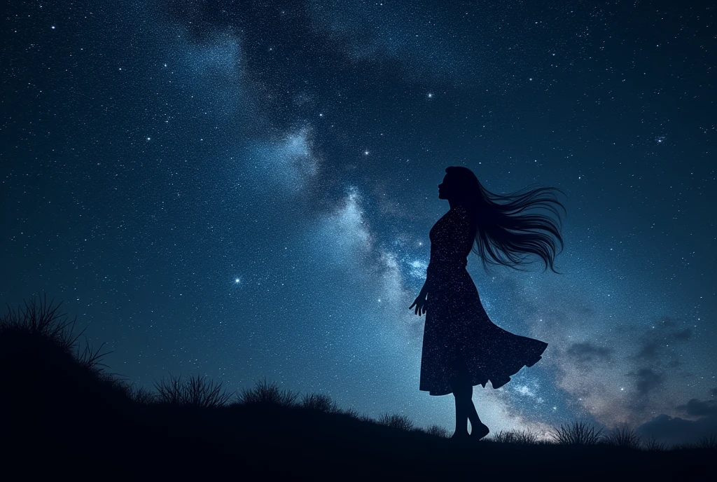 (RAW photo, realistic photo, high quality, masterpiece), sky photo, Starry Sky, stars in the sky, Starry Sky form the outline of long hair woman in the sky