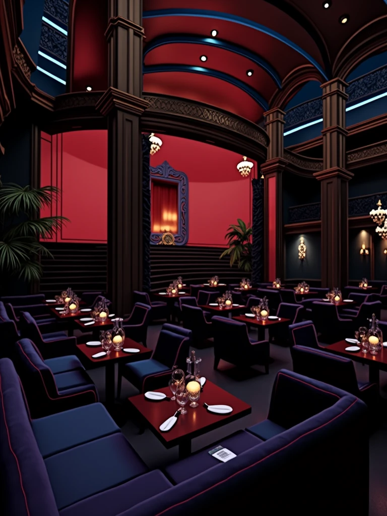 there is a room with tables and chairs, detailed an empty jazz cafe, ballroom background, random background scene, neo - noir setting, red room, nightclub, stage background, vip room, rich atmosphere, theatrical scenery, theater stage, empty stage, palatial scene, fancy restaurant, rich cinematic atmosphere, va-11 hall-a