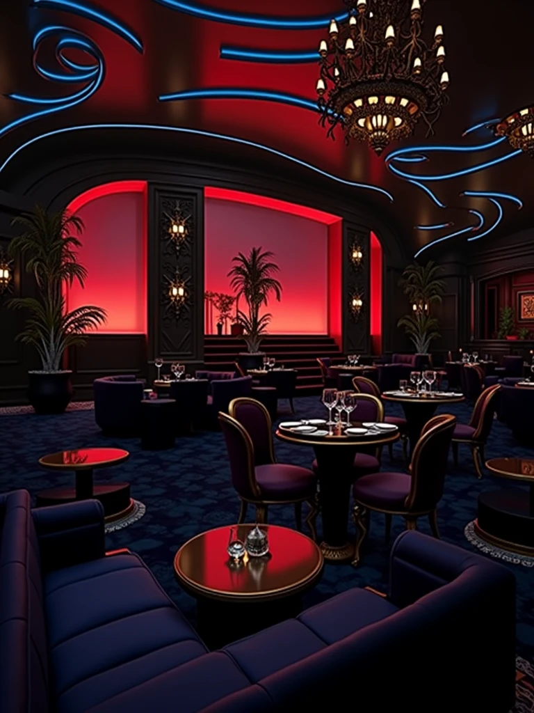 there is a room with tables and chairs, detailed an empty jazz cafe, ballroom background, random background scene, neo - noir setting, red room, nightclub, stage background, vip room, rich atmosphere, theatrical scenery, theater stage, empty stage, palatial scene, fancy restaurant, rich cinematic atmosphere, va-11 hall-a