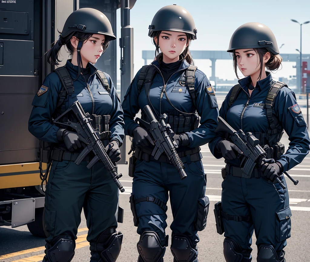 A group of female special forces soldiers wearing helmets,Navy blue military uniform、Military Pants、Knee pads、Hold a gun in both hands、Port terminals、Write details、masterpiece、best quality、Highly detailed CG、8K picture quality