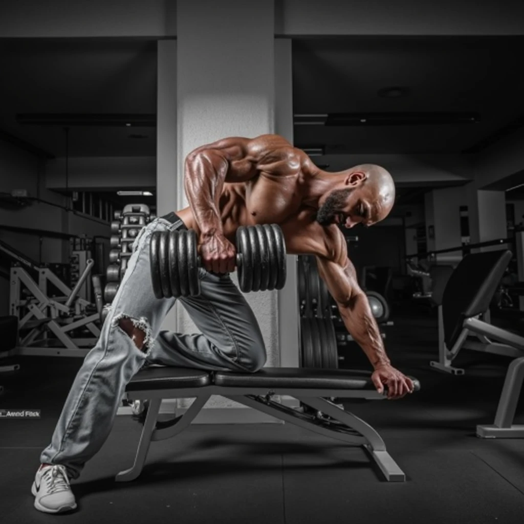 High Detail RAW Color Photo Professional Photo. A very tall, muscular man with shaved head and white skin, pale skin is in a professional gym setting, captured during an intense workout. He is performing a single-arm dumbbell row on a sturdy gym bench. The man is wearing light gray, slightly distressed jeans that complement his pale skin and white sneakers, which provide stability during the exercise. His upper body is exposed, revealing a chiseled physique with highly defined muscles, veins prominently visible across his arms, chest, and shoulders. The man is leaning forward, his left hand firmly gripping the bench for support while his right hand pulls up a massive dumbbell, showcasing the effort and intensity of the workout. His head is slightly bent forward, emphasizing focus and determination. The gym around him is dimly lit, casting dramatic shadows that enhance the definition of his muscular form. In the background, gym equipment like weights and machines is visible, though slightly blurred to keep the focus on, UHD, masterpiece, accurate, anatomically correct, textured skin, super detail, high details, award winning, high quality, best quality, highres, 4K
