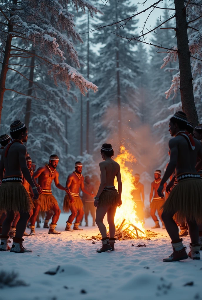 Dance of Zulu ceremony (Ingoma) very dynamic around a bonfire in the middle of a snowy forest in the winter norweeg. Among the trees onservan with caution nordic model beautiful and naked only with fashion mountain boots