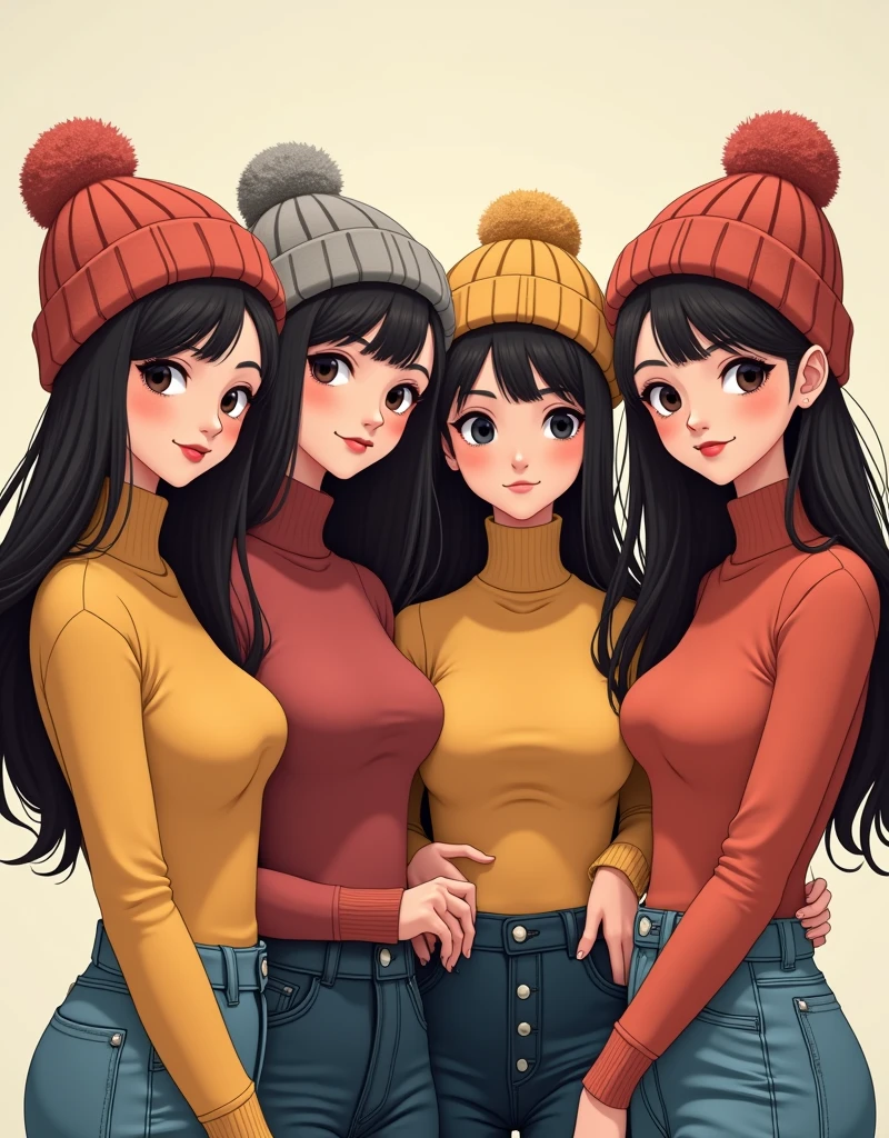 Four girls with beanie and big breasts tight plain turtleneck pokies