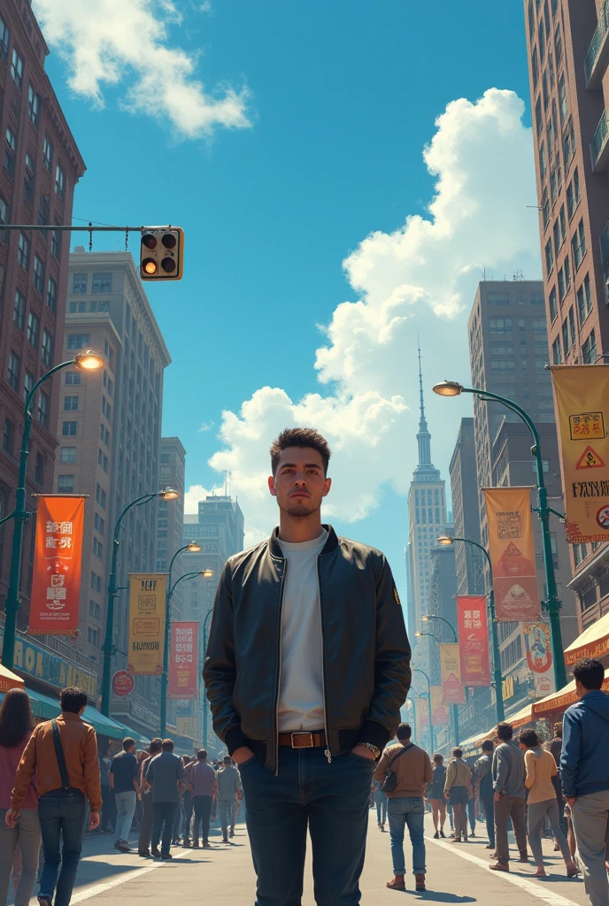 realisitic, detailded, best qualityer, work of art, 1 , RAW portrait of a man posing for a photo in the middle of a citys street, citys, centred, facing spectators, giorno, giorno time, blue sky, clouds, natural lighting, Festive atmosphere, details Intricate, detailded background, signals, lights, outdoors,