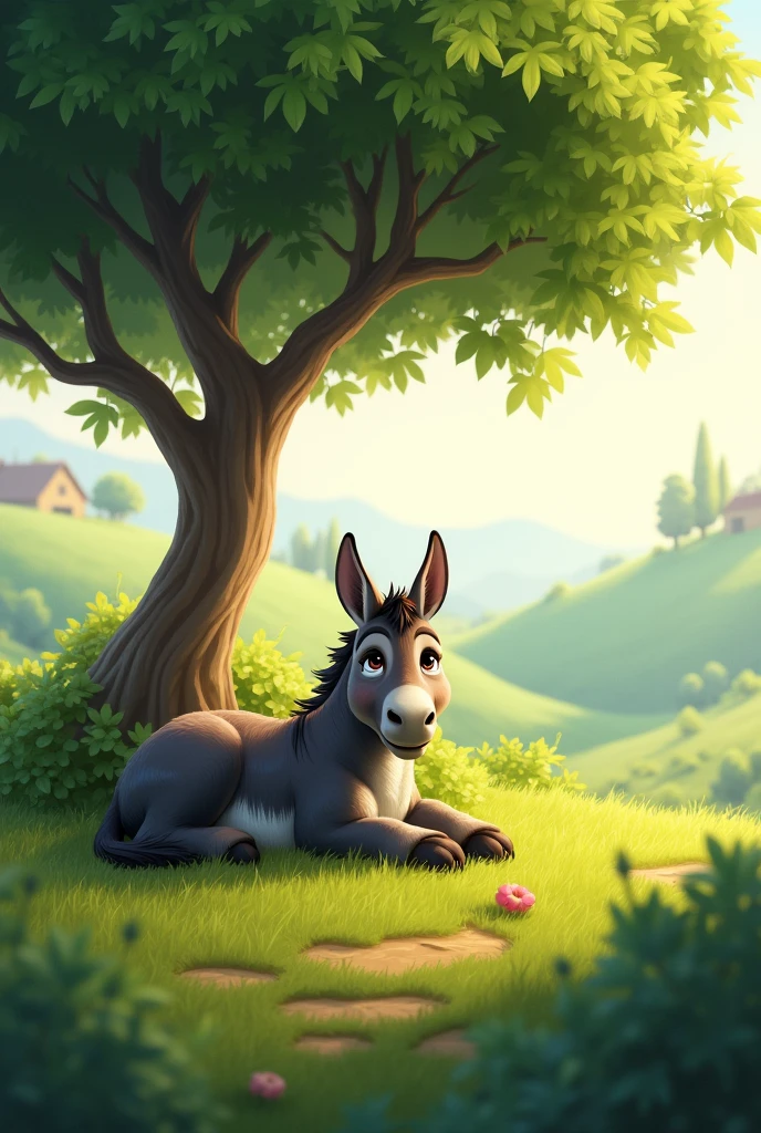 One donkey under the tree