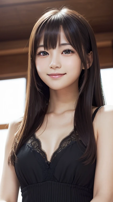 masterpiece, One person美しい, detailed, Swollen eyes, Highest quality, 超High resolution, (reality: 1.4), Original photo, One person, Cinema lighting, Laughter, Japanese, Asian Beauty, Proper, Very very beautiful, Young Face, Beautiful skins, thin, Simple Background, (超reality的な), (Awareness-raising), (High resolution), (8k), (非常にdetailedな), (The best Awareness-raisingns), (Beautiful and detailed eyes), (超detailedな), (wallpaper), (detailedな顔), Looking at the audience, 細かいdetailed, detailedな顔、Deep Shadow、Inconspicuous、Pure Face Ace_v1、smile、46 point diagonal bangs、(Look straight ahead)、Dress neatly、black eye、