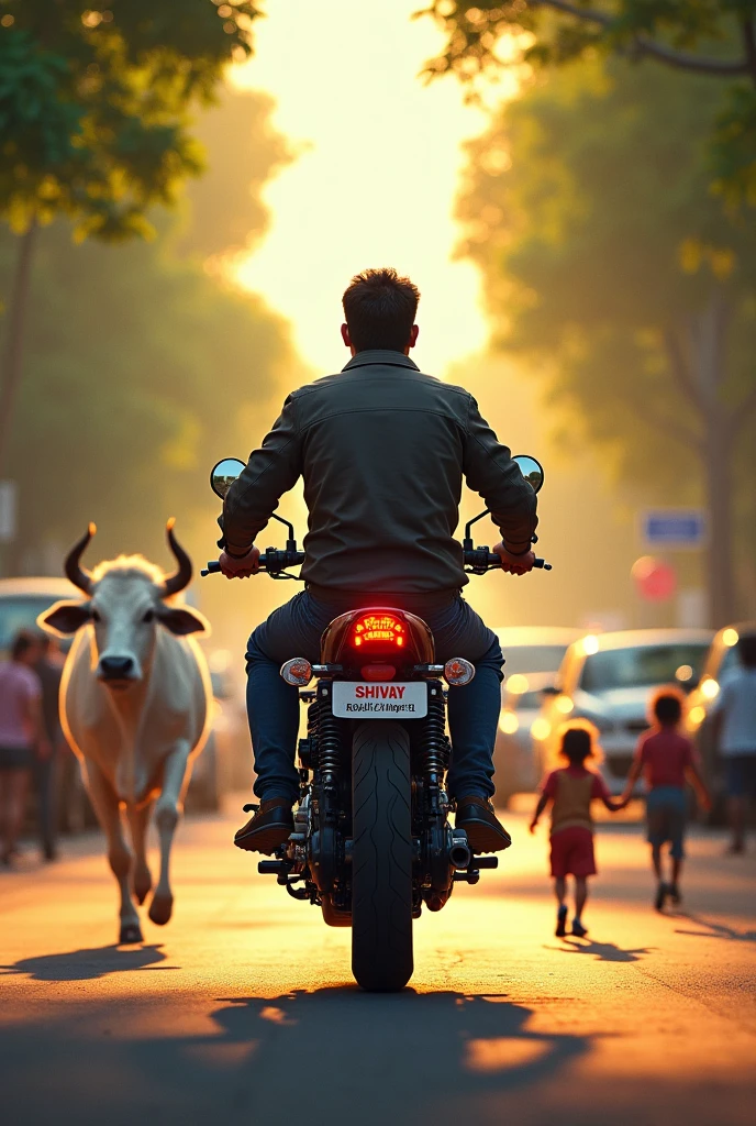 A Indian 30 years aged man going on royal Enfield bike, his back side should be displayed. His height is 5'7 feet. Road is filled with trees, car, older couples smiling, playing kids, one big white color cow running towards man at evening. He wear sports jacket and had stylish shoes. His bike number plate has name as Shivay chapter-1