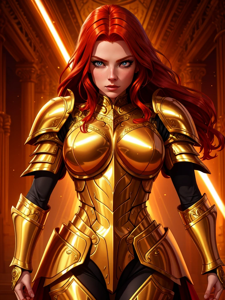 redhead girl in golden armour, detailed face, piercing eyes, long eyelashes, perfect skin, ornate golden armour covering her body, shining metallic armour, flowing red hair, powerful warrior pose, dramatic lighting, cinematic camera angle, epic fantasy, muted color palette, dramatic shadows, photorealistic, 8k, high quality