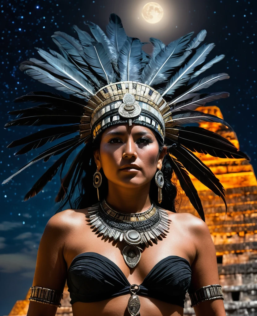 Mayan priestess without clothes, bare chest with elaborate feathered headdress, obsidian stone jewelry on top of a Yucatan Mayan pyramid on a starry moonlit night, arms raised to the sky, very beautiful face Mexica.Cyberpunk serene stellar.Beautiful night lighting periodMesoamerican, realistic, detailed, historical, perfect image, distant view of dark jungle. .Apocalypto movie style by Mel Gibson.