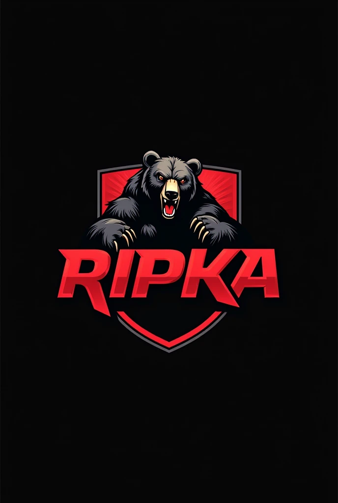 create a modern and detailed logo with black and red letters and a bear symbol on the side with one paw raised for clothing printing with the name ripka