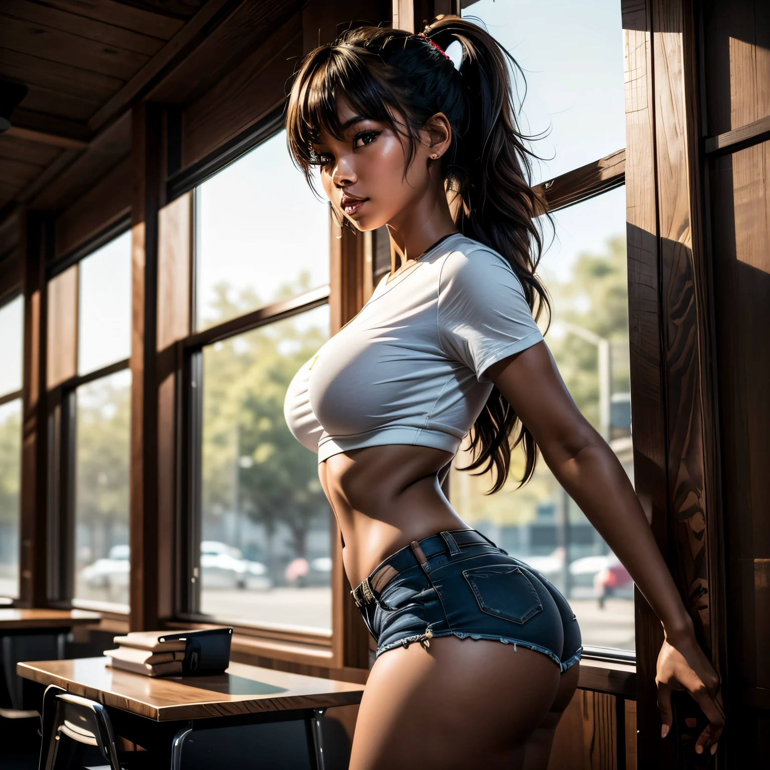 work of art, high quality, high resolution, volumetric lighting, underground dispersal, 8k, beautiful woman, (dark skin), Filipino, college student, 's uniform, (big-ass), breasts big, (tight shirt), (cotton shorts:1.2), Wavy hair, pony tail, bangs, headband, hoop earnings, class room, pose sexy, seductively pose, 3/4 shot, cowboy shot, big fat juicy ass, widest hips, slim waist, thick supple thighs