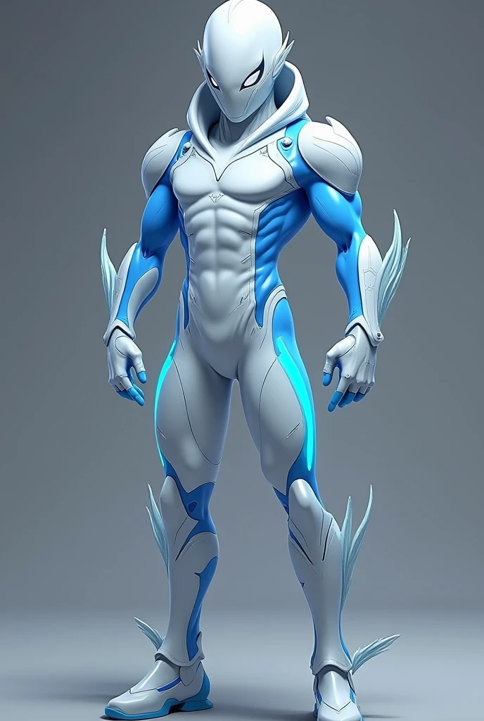 Create a male hero uniform in the style of Miraculous: Tales of Ladybug and inspired by a beluga with white and blue colors