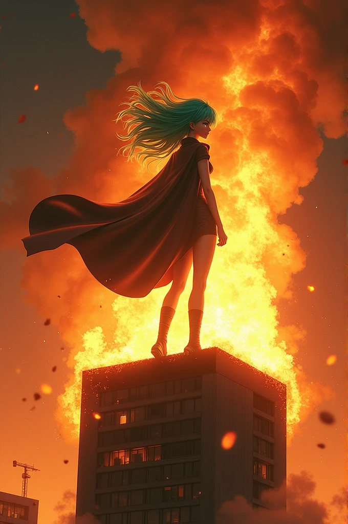 Tatsumaki on top of a burning building.