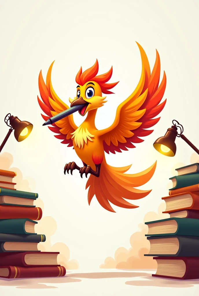 Cute cartoon of a male phoenix biting a pen while flying, white background. ,There are books and lights around the phoenix.