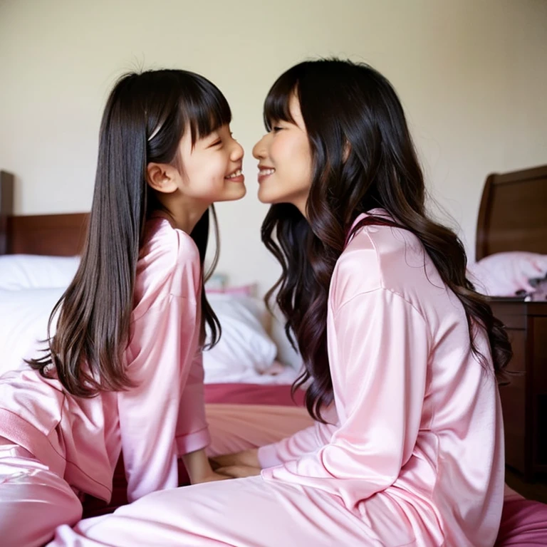 1 Mother, Long Hair with Bangs, Pink Satin Pajamas, Kissing, Asian, Own Kids with Satin Pajamas, Bedroom, Smile.