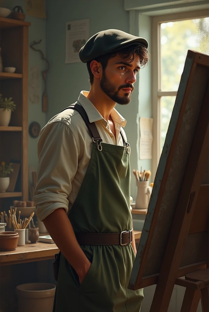 A painter standing and his eyes are filled with tears