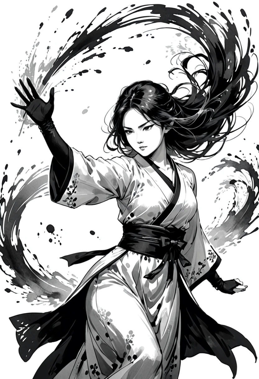 zydink, monochrome, ink sketch, asian (middle age woman), fighting stance, looking at viewer, long hair, floating hair, hanfu, chinese clothes, long sleeves, (abstract ink splash:1.2), white background