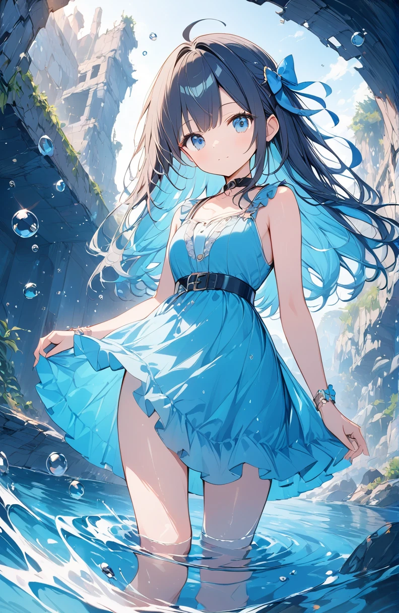 ((Ridiculous)),超high resolution, Attention to detail, high quality, high resolution, 最high quality, 4K, 8K、Sunken ruins、Girl in the water、There are bubbles around、Deep blue world、comprehensive, Deep blue toned artwork