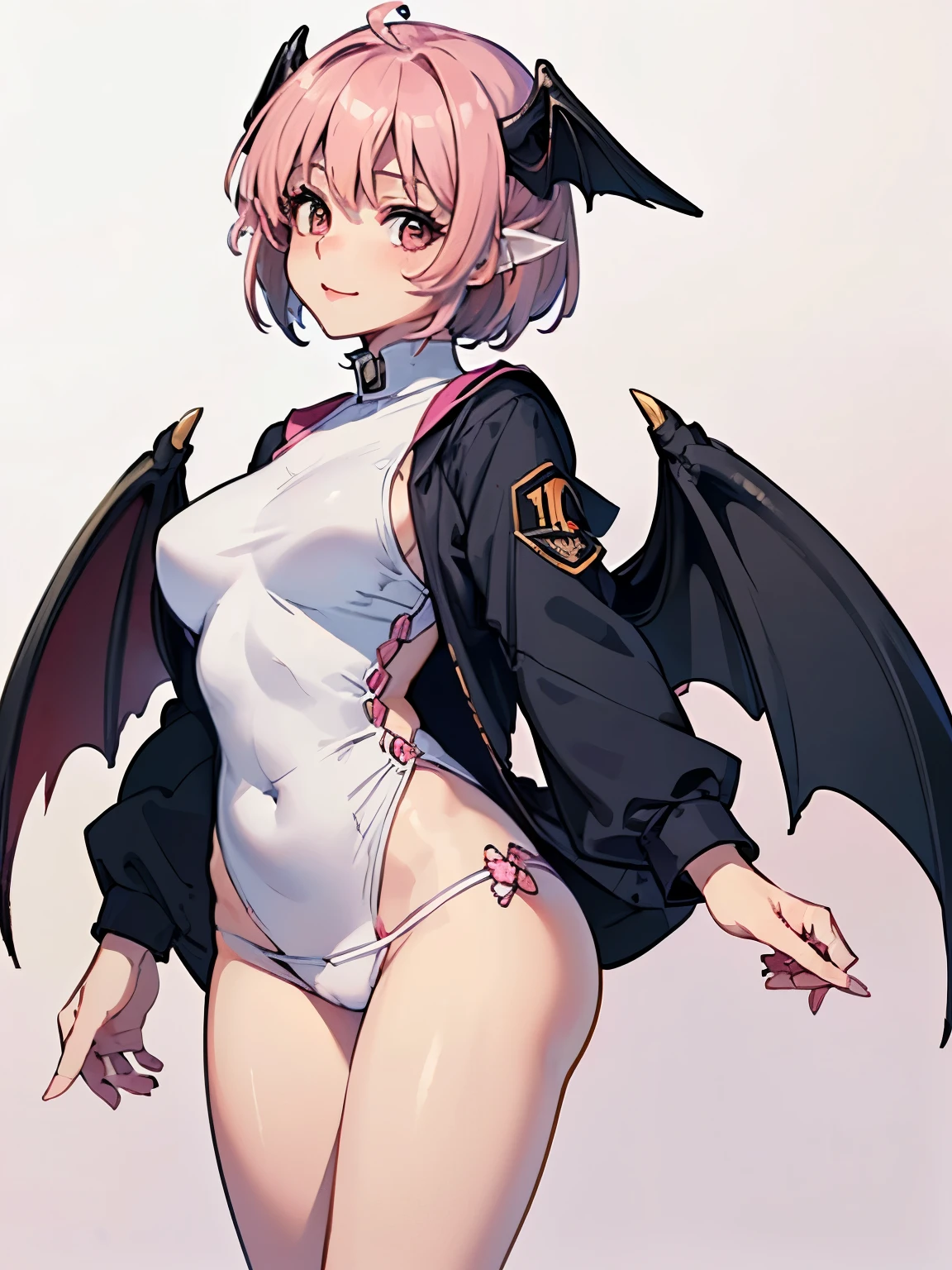 Highest quality, masterpiece, Awareness-raising: Ultra-high resolution, super high quality, Hyper Definition, super high quality, Super detailed, Very detailed, Perfect detail, 8k, (((Blank Background:1.5, No background:1.5, Background white:1.5)))、1people、 Young Demon Queen, ( beautiful devil wings), horn, Cute face、Cute Devil、Lips in Love, Stylish design、smile、(Pink Hair:1.5)、(Short Hair:1.5)、(The wings are short:1.5)、Cute clothes、(Draw wings to fit within the campus:2.0)、