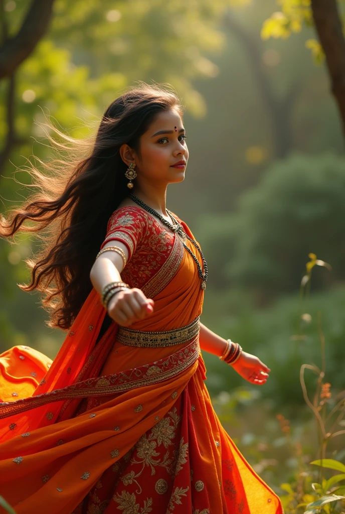 a beautiful young Indian girl dancing, 1girl, detailed face, piercing eyes, full lips, elegant pose, long flowing hair, intricate traditional Indian dress, vibrant colors, warm lighting, lush natural surroundings, (best quality,4k,8k,highres,masterpiece:1.2),ultra-detailed,(realistic,photorealistic,photo-realistic:1.37),cinematic lighting,dramatic shadows,breathtaking scenery,stunning portrait
