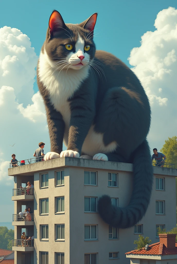A giant cat lives on the roof of an apartment building、The lower floors are inhabited by normal humans.、A comparison of giant cats and humans、A fantasy world of an apartment building seen from the outside、Parody、detailed、Precision、4K、