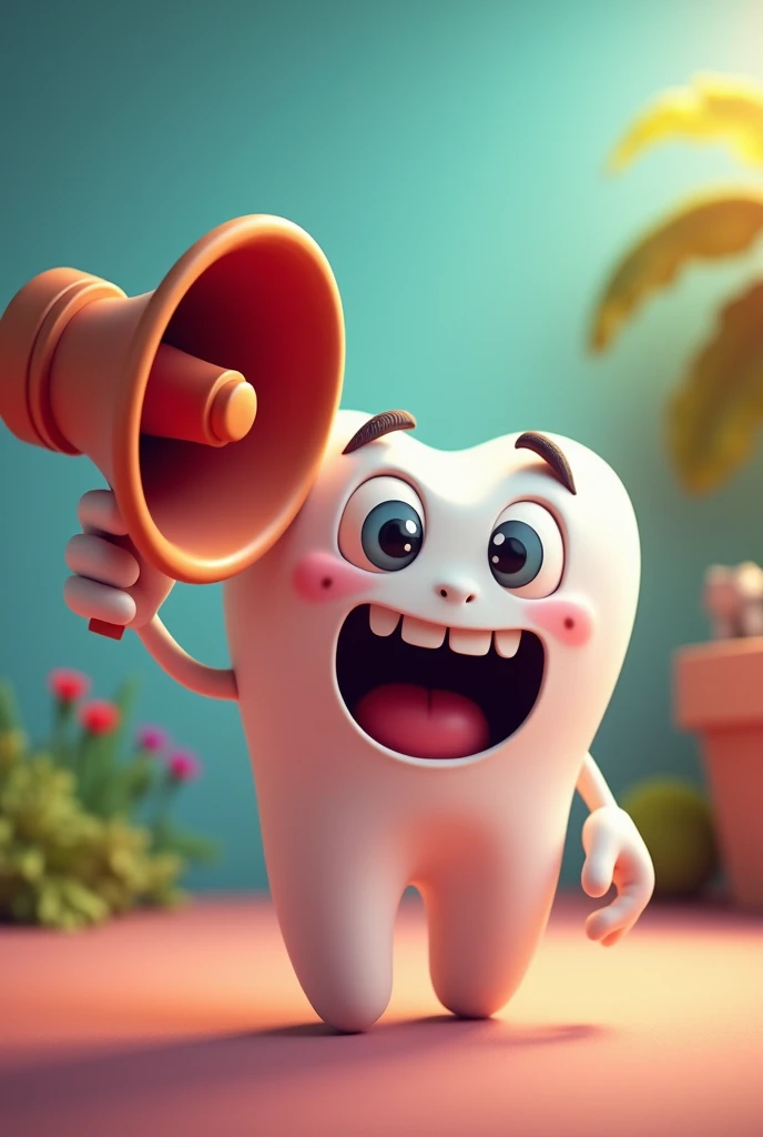An animated image of an animated tooth with a megaphone talking