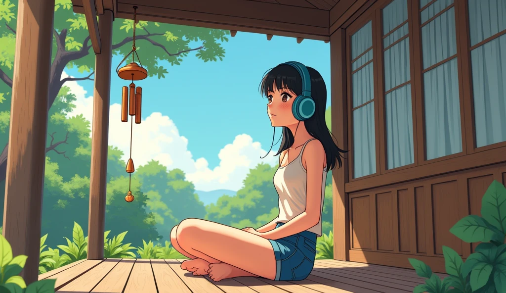 Perfect image, 8k, noon、A high school girl listening to music on a cozy veranda,holiday、 Using headphones, 2D-style animation, Lo-Fi, hard disk, Big Breasts、one&#39;s home、wind chimes、summer、Retro、Japanese style、Wooden house、Single-story house、relax