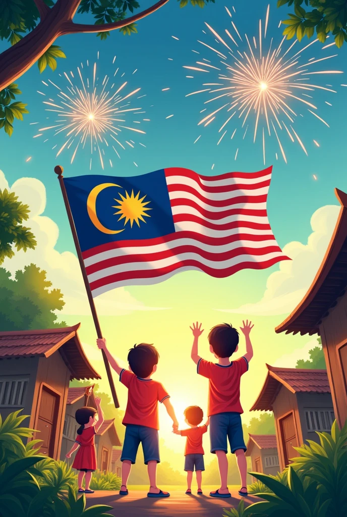 Independence theme poster "malaysia madani jiwa merdeka,suasana kampung,flag of the glorious path, fireworks,the color of the Malaysian flag,many children wave the Malaysian flag in Kampung halaman