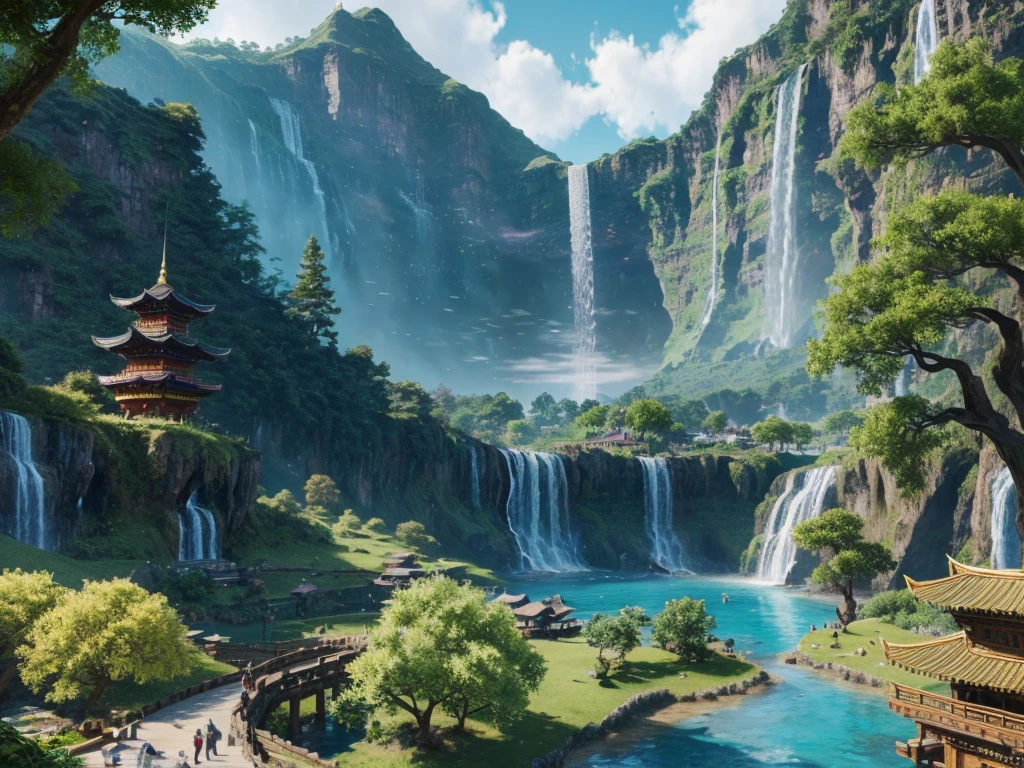 Waterfall can be seen from Alavde，There is a pagoda and a waterfall in the background, Fantasy painting，Lovely, Landscape Artwork, Game Art Painting, Illustrations, Dota! Concept Art, Dota Concept Art, 2. 5D CGI anime fantasy artwork, Dreamy Matte, Fantasy painting, Avatar Landscape, Game map painting