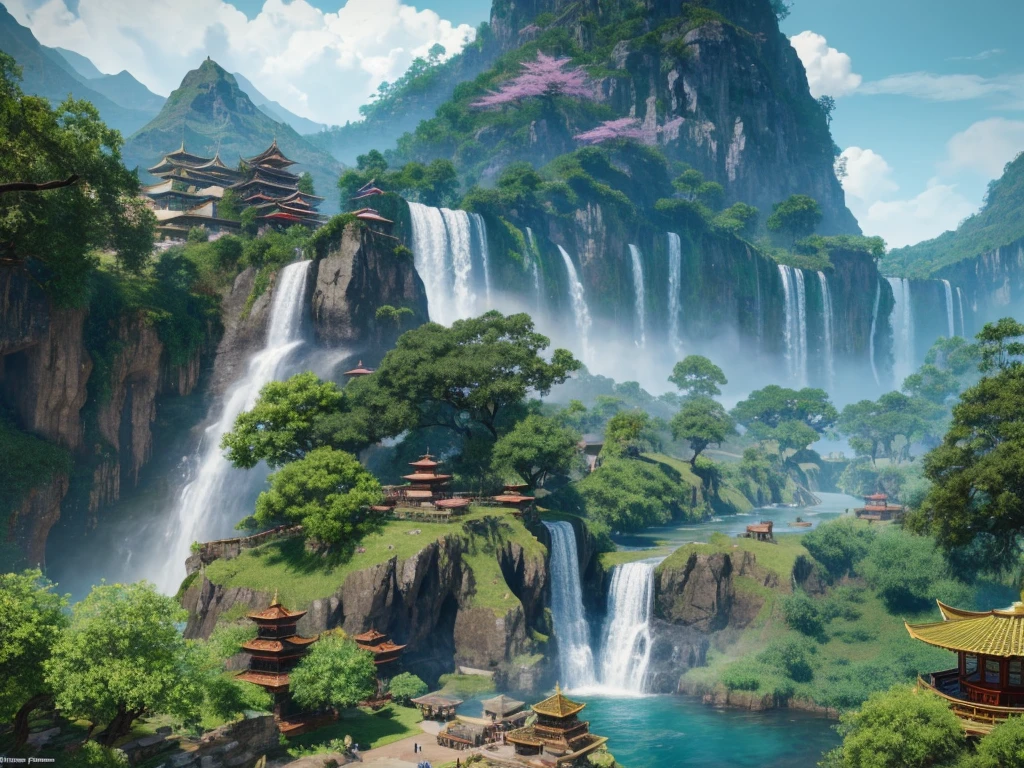 Waterfall can be seen from Alavde，There is a pagoda and a waterfall in the background, Fantasy painting，Lovely, Landscape Artwork, Game Art Painting, Illustrations, Dota! Concept Art, Dota Concept Art, 2. 5D CGI anime fantasy artwork, Dreamy Matte, Fantasy painting, Avatar Landscape, Game map painting