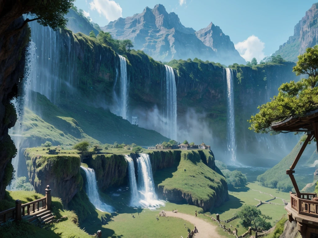 Waterfall can be seen from Alavde，There is a pagoda and a waterfall in the background, Fantasy painting，Lovely, Landscape Artwork, Game Art Painting, Illustrations, Dota! Concept Art, Dota Concept Art, 2. 5D CGI anime fantasy artwork, Dreamy Matte, Fantasy painting, Avatar Landscape, Game map painting