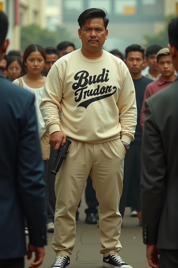 make me a hyper realistic photography HD 18K photo showing a handsome Indonesian man with yellow skin, neat side part hair, stocky and sturdy body, slightly fat, wearing a crewneck sweater with the words "Budi trader" in a complicated font style, cream chino pants and black and white nike shoes. the man appears to be standing casually while putting his left hand in his pants pocket and his left hand is holding a walther PPK while aiming at the target in front of him. in the background there are many people looking at the man around him.