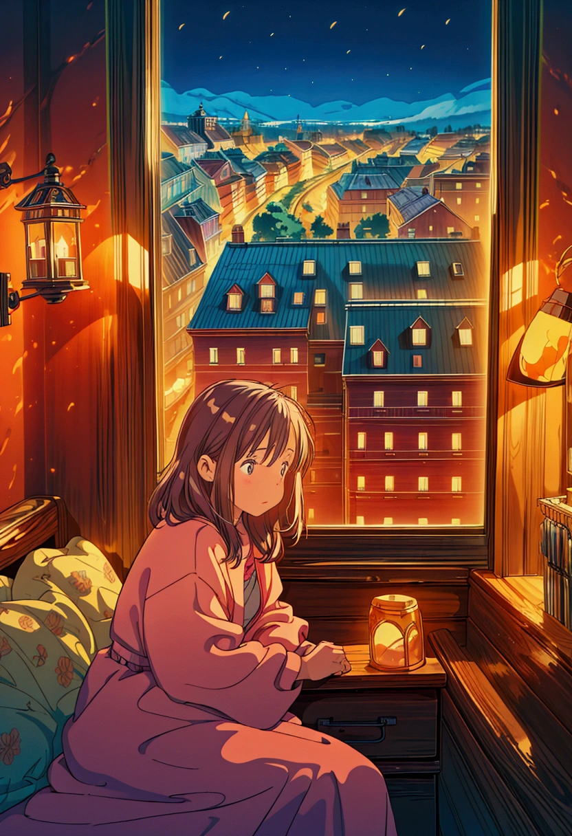 a bedroom with a view of a city at night, cozy room, cute room, cozy atmospheric, city apartment cozy calm, photorealistic room, cozy environment, cozy atmosphere, cozy home background, cozy wallpaper, inside a cozy apartment, cozy place, small and cosy student bedroom, cozy night fireflies, cyberpunk teenager bedroom, dream atmosphere, cozy lights, 4k hd,, beautiful art uhd 4 k, a beautiful artwork illustration, beautiful digital painting, highly detailed digital painting, beautiful digital artwork, detailed painting 4 k, very detailed digital painting, rich picturesque colors, gorgeous digital painting 