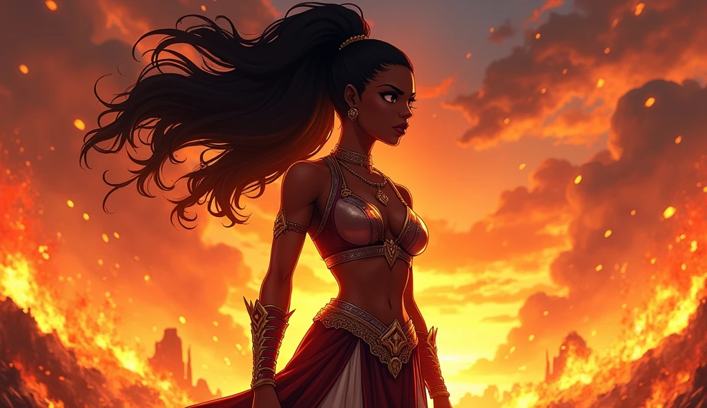 Create a powerful and emotionally charged image of a black anime woman in the anime style of Aaron McGruder standing amidst a backdrop of roaring flames. Her stance is strong and determined, with glowing embers swirling around her. The flames illuminate her dark skin, making it glisten with a radiant glow. Her eyes are filled with resolve, reflecting the fire around her, while her hair flows wildly as if caught in the heat. She is adorned in a battle-worn yet regal outfit with intricate patterns, symbolizing strength and resilience. The background should show a landscape of both destruction and hope, with the fire representing challenges she has overcome and a glimpse of the dawn breaking in the distance, symbolizing the new beginnings that await her. The scene should be vibrant, dynamic, and full of emotional depth, capturing the essence of triumph and perseverance