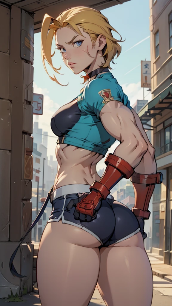 cammy sf6, choker, 1 girl, standing alone, looking ahead at viewer, blue colored eyes, scar on the face, red gloves, scar on cheek, muscular, antenna hair, hand on hip, black choker, thick-thighs, hair blonde, gloves fingerless, shorth hair, thick-thighs,  muscular female, tummy, wearing micro shorts and a white top, standing backwards, focus on the ass