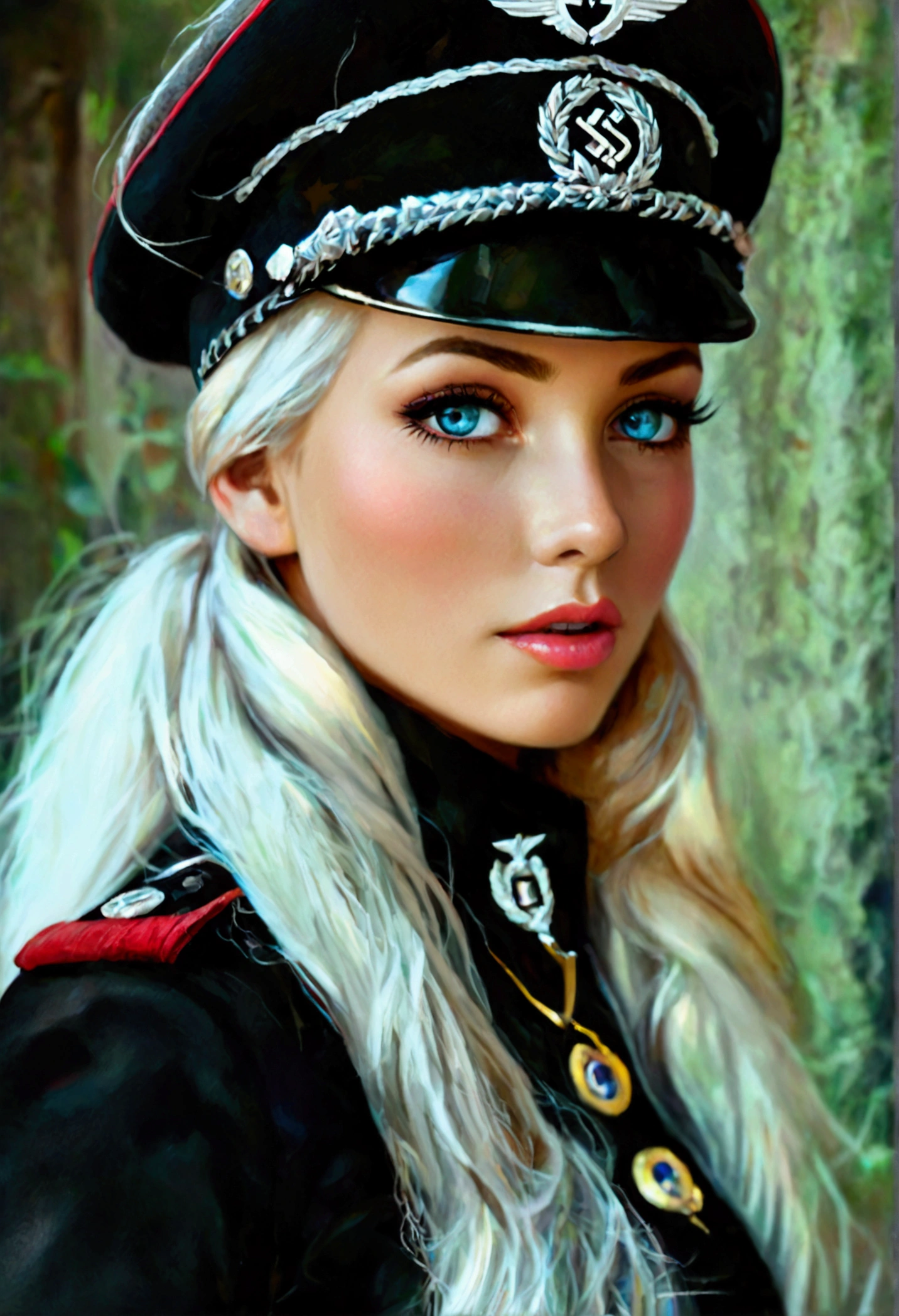 Create an image of the most stunningly beautifully WWII German SS elite women, Stunningly gorgeous beautiful perfect face, long luscious eyelashes,  black eyeliner, perfect makeup, lipstick, vibrant sapphire eyes, perfect smooth skin, long platinum blonde hair,  flat breast, perfect slim body figure, bdsm lingerie, seductive pose, WWII German SS Elite Officer HAT Officer Army leather Visor Crusher Cap Black,