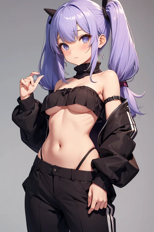 Cute thin girl, wide lowleg pants, micro strapless crop top, underboob, twin pigtails, two colored hair, panties straps, tsundere, covered nipples