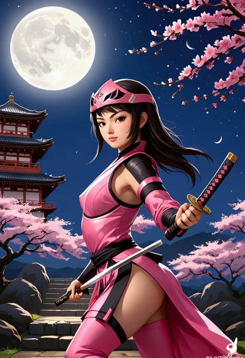 "Generate a full-body cinematic image of a traditional female kunoichi (female ninja) from ancient Japan, set under the mystical glow of the moonlight. She is unsheathing her katana with grace and determination. She wears traditional kunoichi attire, but with the iconic pink color scheme inspired by the Mighty Morphin Pink Power Ranger. Her iconic power ranger helmet, a key feature, is an organic, animal-shaped design resembling a fierce yet elegant creature. Her peach-toned skin glows softly in the moonlight. Sakura blossoms gently fall around her, adding to the serene yet intense atmosphere. The background features a grand Japanese castle, partially illuminated by the moon, surrounded by the rural beauty of ancient Japan. Her hair moves slightly in the breeze, adding life to the scene. The image should capture the elegance, strength, and mystery of the kunoichi, with every detail, from her skin texture to the fabric of her attire, rendered in stunning 1200 DPI